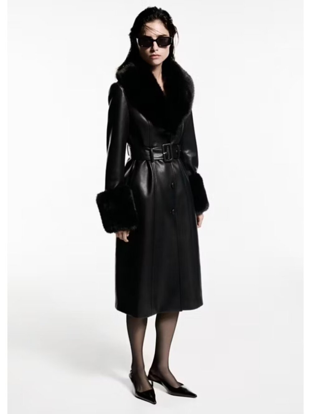 MANGO MNG Faux Leather Coat Jacket with Fur-effect Trim Black Outdoor Size XS